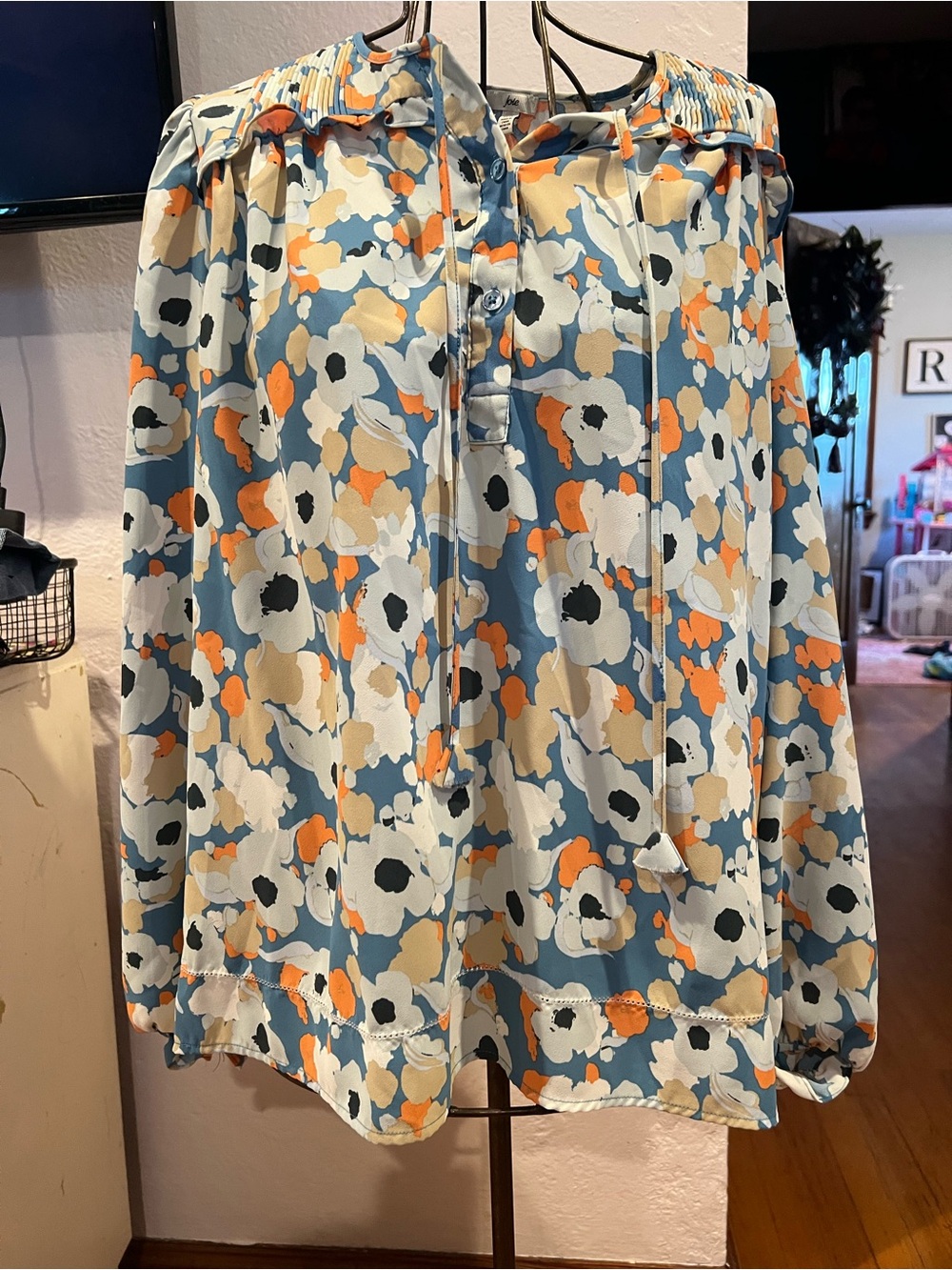 Joie Blue Floral Tie-Neck Blouse with Cream & Orange Accents